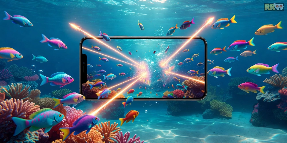 Giao diện game bắn cá đại dương với cá đa dạng và hiệu ứng bắn súng
