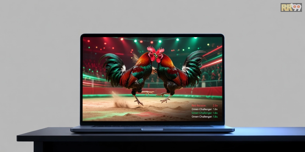 Minh họa khái niệm đá gà online rr99 với giao diện nền tảng hiện đại và các trận đấu trực tiếp