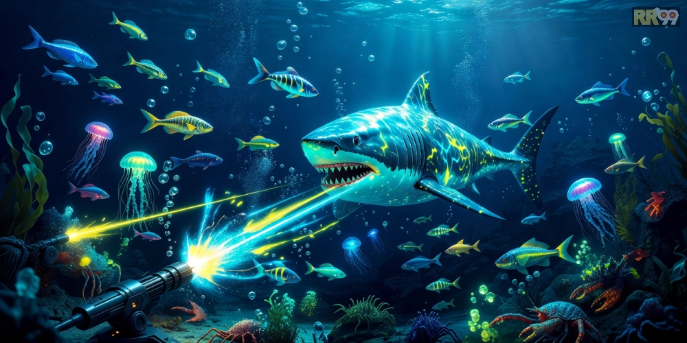 Hình ảnh đại dương rộng lớn trong game bắn cá rr99 với cá boss khổng lồ