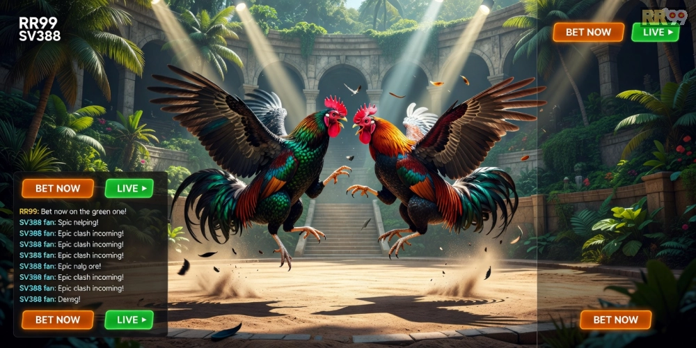 Caption hình ảnh trận đấu đá gà trực tiếp trên SV388 rr99 với chất lượng HD